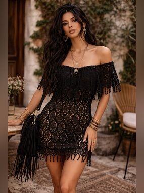 Stone Cold Fox Black Off Shoulder Fringe Boho Embroidery Lace Mini Festival IOWA